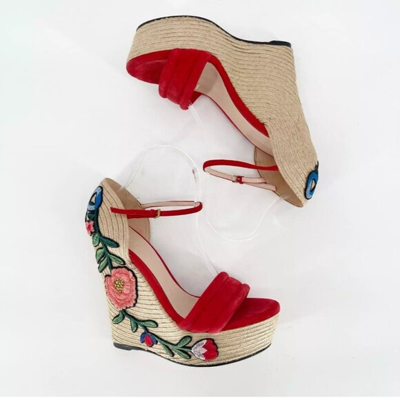 Gucci Red Suede Floral Embroidered Espadrille Wedge Platform Sandal EU 40.5 - Picture 4 of 11